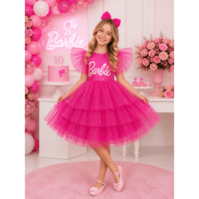 Vestido infantil da Barbie Pink Glitter Luxo Vestido infantil da Barbie Pink Glitter Luxo