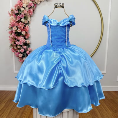 Vestido Infantil Fantasia de Princesa Cinderela Azul Acetinado com Glitter Vestido Infantil Fantasia de Princesa Cinderela Azul Acetinado com Glitter
