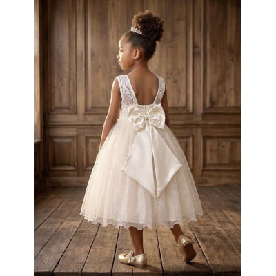 Vestido Infantil Festa Luxo, em Cetim, Off White com Tule Brilhante e Renda