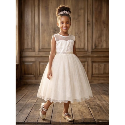 Vestido Infantil Festa Luxo, em Cetim, Off White com Tule Brilhante e Renda