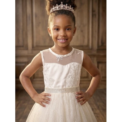 Vestido Infantil Festa Luxo, em Cetim, Off White com Tule Brilhante e Renda