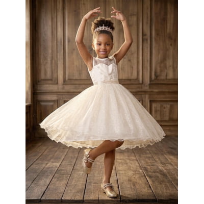 Vestido Infantil Festa Luxo, em Cetim, Off White com Tule Brilhante e Renda