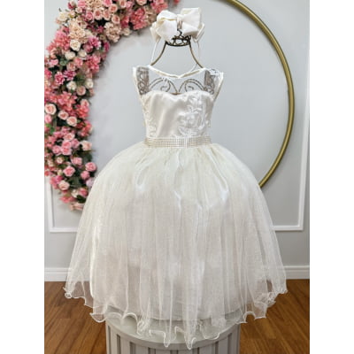 Vestido Infantil Festa Luxo, em Cetim, Off White com Tule Brilhante e Renda