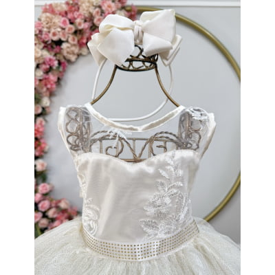 Vestido Infantil Festa Luxo, em Cetim, Off White com Tule Brilhante e Renda