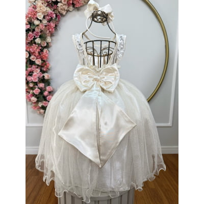 Vestido Infantil Festa Luxo, em Cetim, Off White com Tule Brilhante e Renda