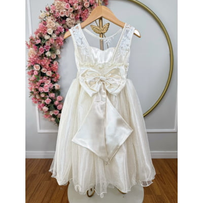 Vestido Infantil Festa Luxo, em Cetim, Off White com Tule Brilhante e Renda