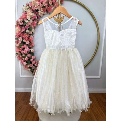 Vestido Infantil Festa Luxo, em Cetim, Off White com Tule Brilhante e Renda