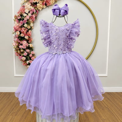 Vestido Infantil Lilas C/ Bordado, Borboletas e flores Dama Festas Luxo Vestido Infantil Lilas C/ Bordado, Borboletas e flores Dama Festas Luxo