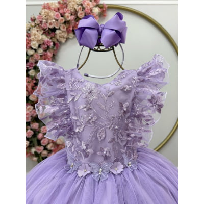Vestido Infantil Lilas C/ Bordado, Borboletas e flores Dama Festas Luxo