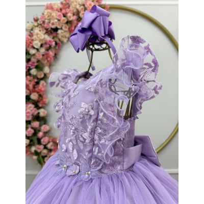 Vestido Infantil Lilas C/ Bordado, Borboletas e flores Dama Festas Luxo