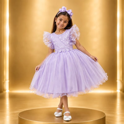 Vestido Infantil Lilas C/ Bordado, Borboletas e flores Dama Festas Luxo
