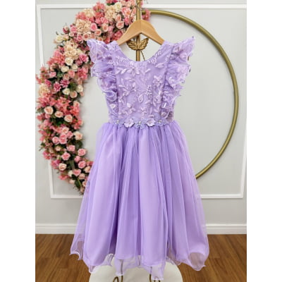 Vestido Infantil Lilas C/ Bordado, Borboletas e flores Dama Festas Luxo