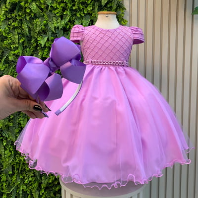 Vestido Infantil Lilás + Tiara ou Laço