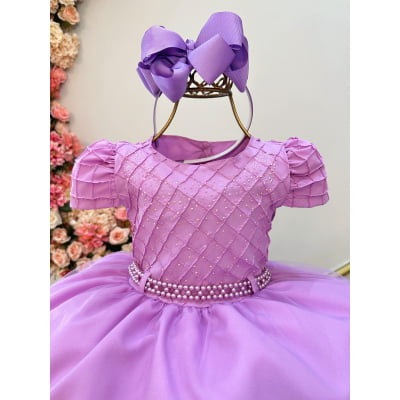 Vestido Infantil Lilás + Tiara ou Laço
