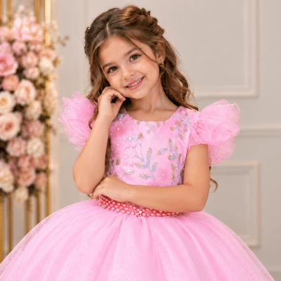 Vestido Infantil Princesas Jardim Encantado Rosa Super Luxo