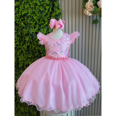 Vestido Infantil Princesas Jardim Encantado Rosa Super Luxo