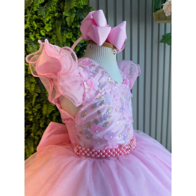 Vestido Infantil Princesas Jardim Encantado Rosa Super Luxo