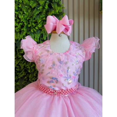 Vestido Infantil Princesas Jardim Encantado Rosa Super Luxo