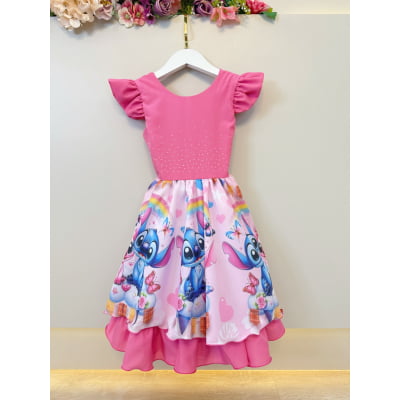 Vestido Infantil Rosa Chiclete Lilo Stitch e Angel Festas