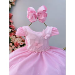 Vestido Infantil Rosa Claro C/ Apliques Borboletas Glitter