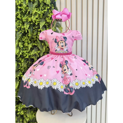 Vestido Infantil Minnie Rosa de Festa para Menina Margaridas Vestido Infantil Minnie Rosa de Festa para Menina Margaridas