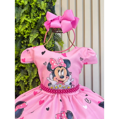Vestido Infantil Minnie Rosa de Festa para Menina Margaridas