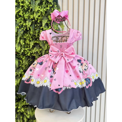 Vestido Infantil Minnie Rosa de Festa para Menina Margaridas