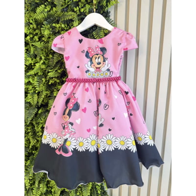 Vestido Infantil Minnie Rosa de Festa para Menina Margaridas
