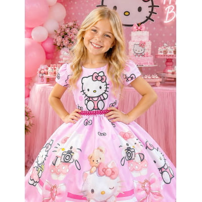 Vestido Infantil Rosa Estampado Gatinha Hello com Saia Rodada