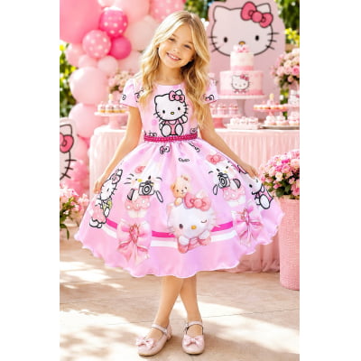 Vestido Infantil Rosa Estampado Gatinha Hello com Saia Rodada