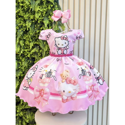 Vestido Infantil Rosa Estampado Gatinha Hello com Saia Rodada