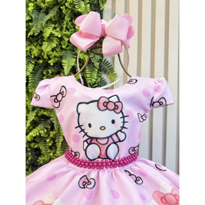Vestido Infantil Rosa Estampado Gatinha Hello com Saia Rodada