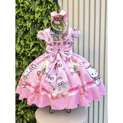 Vestido Infantil Rosa Estampado Gatinha Hello com Saia Rodada