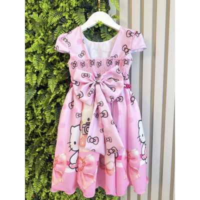 Vestido Infantil Rosa Estampado Gatinha Hello com Saia Rodada