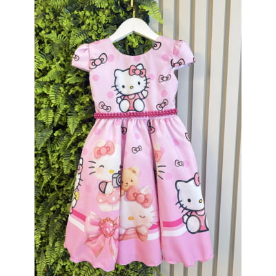 Vestido Infantil Rosa Estampado Gatinha Hello com Saia Rodada
