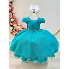 Vestido Infantil Verde C/ Apliques Borboletas Glitter