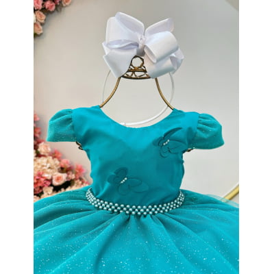 Vestido Infantil Verde C/ Apliques Borboletas Glitter