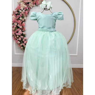 Vestido Infantil Verde Menta Longo de Princesa Brilhante e Mangas