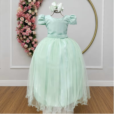 Vestido Infantil Verde Menta Longo de Princesa Brilhante e Mangas