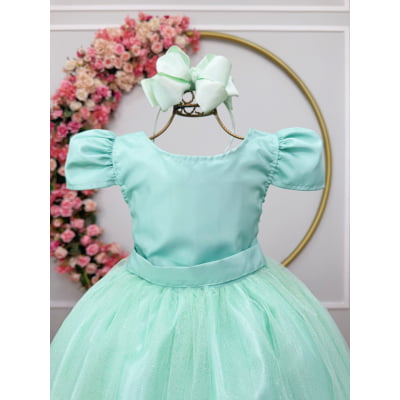 Vestido Infantil Verde Menta Longo de Princesa Brilhante e Mangas