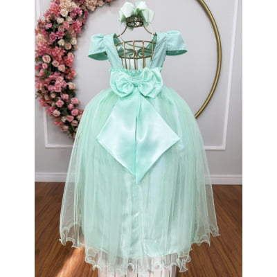 Vestido Infantil Verde Menta Longo de Princesa Brilhante e Mangas