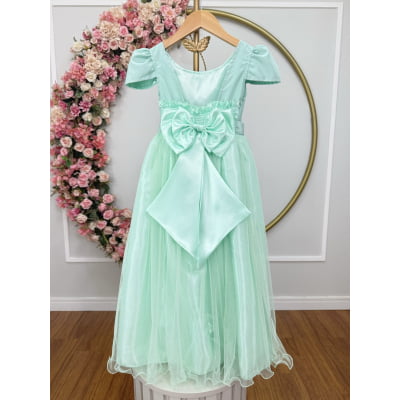 Vestido Infantil Verde Menta Longo de Princesa Brilhante e Mangas