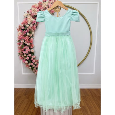 Vestido Infantil Verde Menta Longo de Princesa Brilhante e Mangas