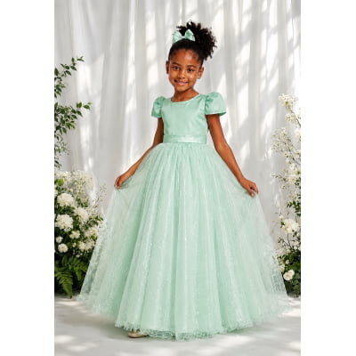 Vestido Infantil Verde Menta Longo de Princesa Brilhante e Mangas