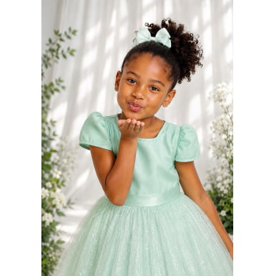Vestido Infantil Verde Menta Longo de Princesa Brilhante e Mangas