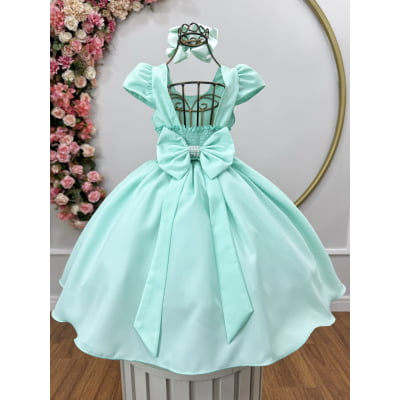Vestido Infantil Verde menta Luxo, Cinto Pérolas e Strass Vestido de Festa