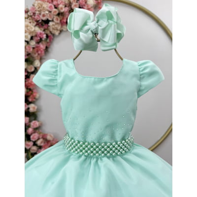 Vestido Infantil Verde menta Luxo, Cinto Pérolas e Strass Vestido de Festa