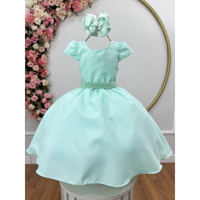 Vestido Infantil Verde menta Luxo, Cinto Pérolas e Strass Vestido de Festa