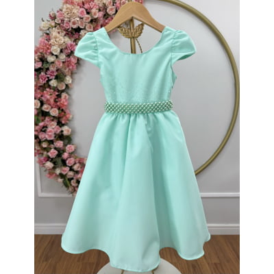 Vestido Infantil Verde menta Luxo, Cinto Pérolas e Strass Vestido de Festa
