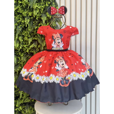 Vestido Infantil Vermelho de Festa para Menina com Corações e Margaridas